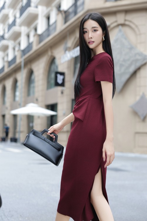 Sixdo Dark Red Woven Pencil Dress